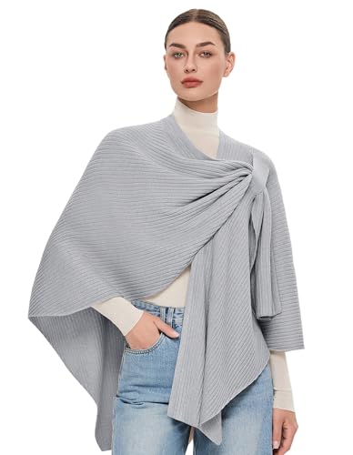 PULI Womens Elegant Cross Front Shawl Wraps Knitted Ponchos Cape Light Weight Poncho Sweater Soft Warm Travel Wraps - color: Rib-light Heather Grey