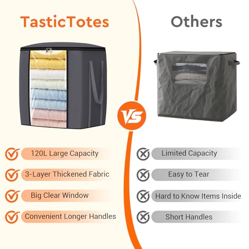 120L Extra Large Clothes Storage Bags, Foldable Blanket Storage and Organization, Thick Fabric Containers with Reinforced Handles & Zippers for Clothing, Comforters, Bedding, Gray, 1 Pack