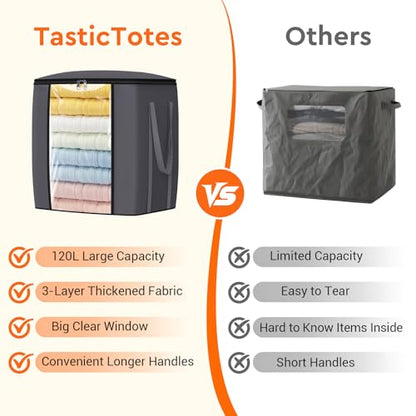 120L Extra Large Clothes Storage Bags, Foldable Blanket Storage and Organization, Thick Fabric Containers with Reinforced Handles & Zippers for Clothing, Comforters, Bedding, Gray, 1 Pack