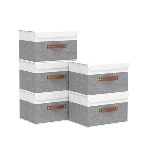 Yawinhe Collapsible Storage Bins, Stackable Boxes with Lids, Cube Clothes Organizer Basket with Handles for Home, Grey and White, 10.2x7.9x6.7 In, 5-Pack, SNK024WGN-5 - color: White/Grey, size: S/(5 Pack)