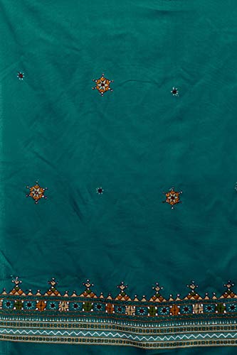 Exotic India Women's Pure Wool Shawl from Kutch with Central Embroidered Chakra and Mirrors Ethnic Design Stole, Scarves - color: Alpine Green