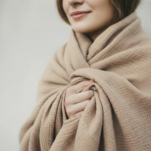 4-Layer Muslin Cotton Queen Bed Blanket (90 x 90 inches) – Ultra Soft Breathable Gauze, Lightweight All-Season Cozy Blanket, Machine Washable – Tan - color: Tan, size: Queen (90 x 90 inches)