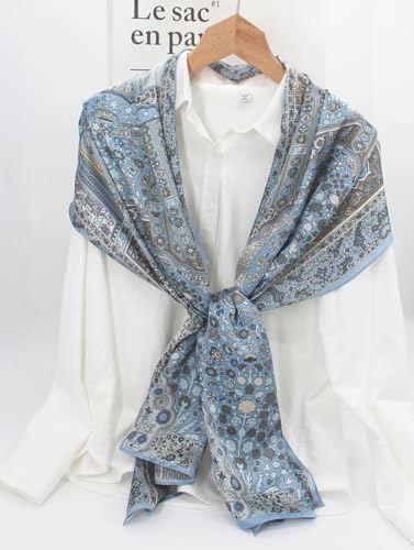 100% Mulberry Silk Long Scarf for Women Large Shawls for Headscarf and Neck- Oblong Hair Wraps with Gift Packed - color: Pale Blue Flowers
