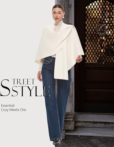 PULI Womens Large Cross Front Poncho Sweater Wrap Topper Knitted Elegant Shawls Cape for Fall Winter - color: Extra Warm Ivory White