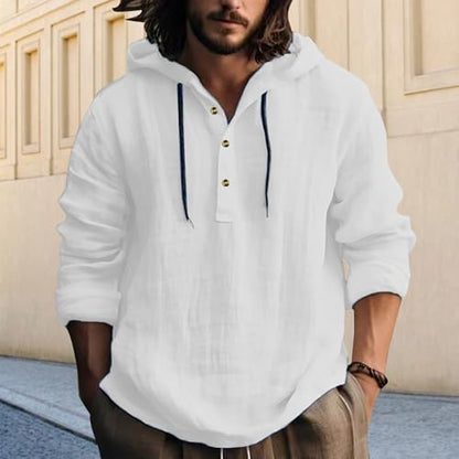 Mens Pullover Hoodie Linen Long Sleeve 4 Button Drawstring Causal Loose Lightweight Summer Beach Top - color: 1-white, size: Medium