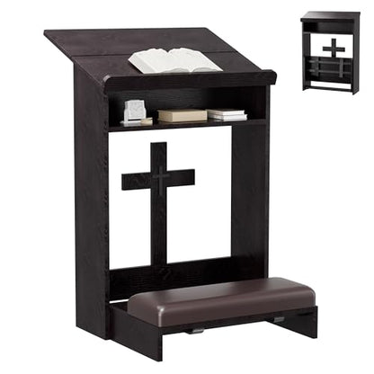 Foldable Prayer Kneeler, Wooden Prayer Bench with Storage Shelf, Cushion Pad, Rounded Corner Bookend and Customizable Cross Decoration, Reinforced Steel Tube Base Design (Dark Brown)