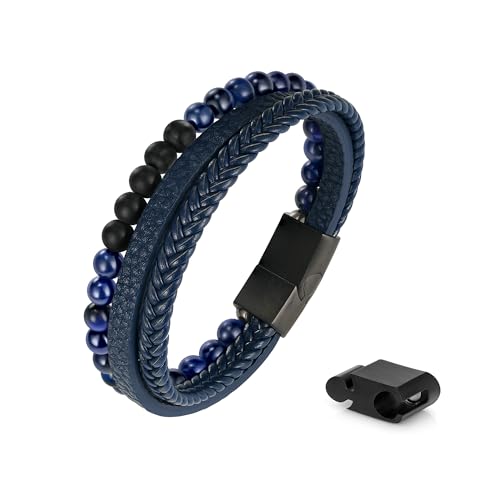 Leather Bead Bracelets for Men, Natural Tiger Eye Lava Rock Stone Bead Magnetic Clasp Adjustable Leather Bracelets Stress Relief Mens Anxiety Bracelet Mens Jewelry Gifts - style: Blue Leather-Blue Tiger Eye&Matte Agate