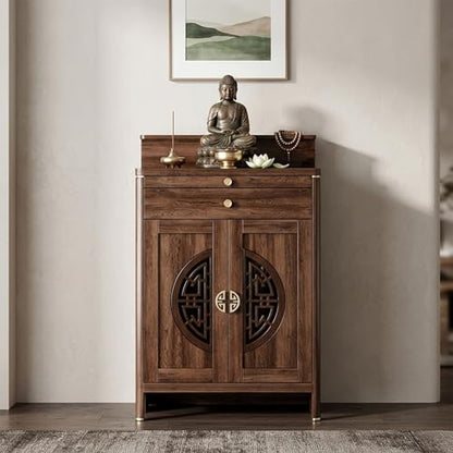 Personal Shrine Altar Table, Solid Wood Frame Buddhist Altar Cabinet, Meditation Prayer Table with Drawer (Brown, 78cm/30.7in) - size: 78cm/30.7in