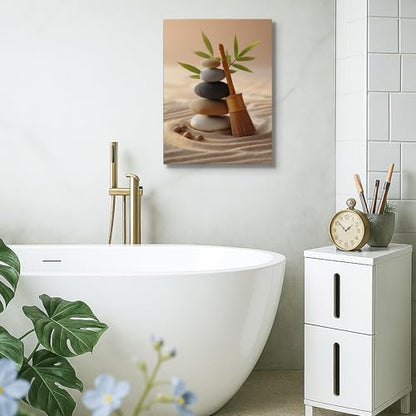 Zen Stones and Bamboo Canvas Wall Art, Neutral Beige Green Minimalistic Decor, Tranquil Home Aesthetic for Living Room, Bedroom, Office, Wrapped Canvas 8x10 Inch - size: 8x10 Inch