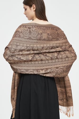 Pashmina Shawl Wrap with Ethnic Paisley Two Tone Jacquard Scarf for Women - color: Black Beige