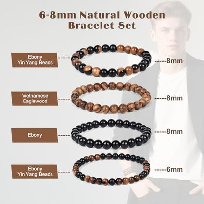 4PCS Wooden Mens Bracelet Beads,Small Beaded Bracelets For Men And Women Kit,8mm & 6mm Black Wood Beads,Natural Multi-Colored Bead