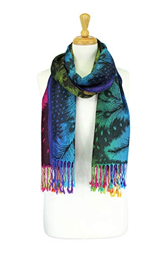 PASKMLNA Double Side Multi Colors Silky Tropical Colorful Exotic Pashmina Wrap Shawl Scarf Rave - color: 050-navy Multi Feathers