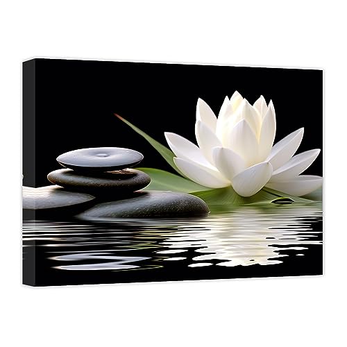 CCWACPP Zen Canvas Wall Art White Lotus Bloom in Water Picture Flowers Stone Spa Painting for Yoga Meditation Room Bathroom Prints Wall Decor Frame (Zen - 2, 24x36inch) - color: Zen - 2, size: 24x36inch