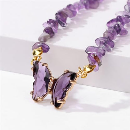 Bohemian Crystal Butterfly Necklaces Stress Relief Anxiety Yoga Pendant,Healing Natural Stone Mantra Choker for Women Teen Girls Friendship Birthday Mothers Day Gift Summer Beach Jewelry - color: Clear Quartz