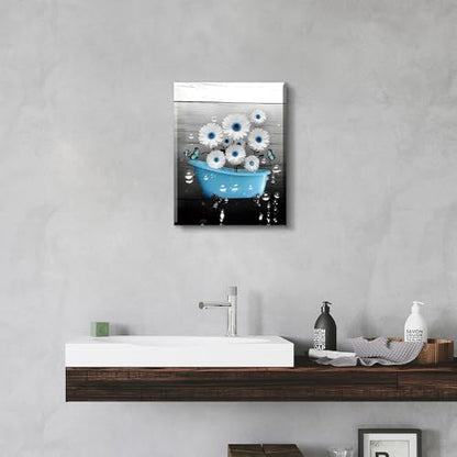 Blue Bathroom Wall Art Canvas Prints Farmhouse Wall Deocr,Blue Tub Flower Posters Washroom Aesthetic Decoration 12x16inch Framed - color: Framed-blue Tub Flower Wall Art