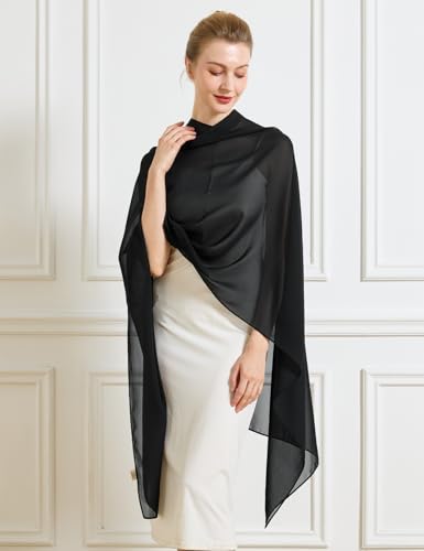 Chiffon Cape Shawl Wrap Scarf 3 Ways to Wear Elegant Sheer Capelet for Evening Dresses Weddings Parties - color: Black