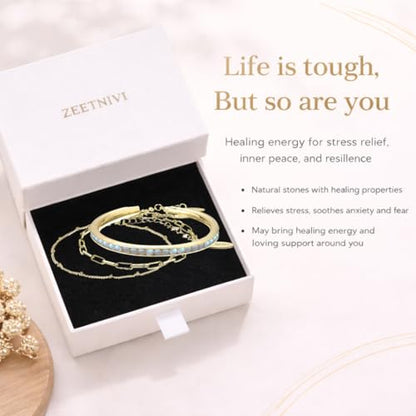 Intentional Healing Stones Bracelet for Women, 3PCS Layered Set with Semi‑Precious Stone Beads, Inspirational Jewelry for Calm Rituals & Emotional Balance - style: Moonstone - New Beginnings