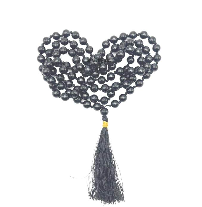 GEMSCITE Japa Mala 108 Prayer Beads Perfect for Meditation Spiritual Mala Necklace & Wrist Mala Bracelet - color: Black Agate, size: Hand Knotted