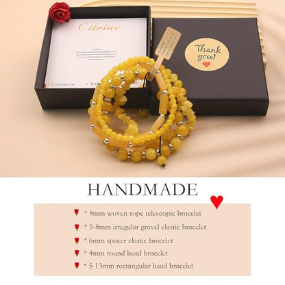 5Pcs Healing Crystal Bracelet for Women Men, Handmade Adjustable Gemstone Bracelets Beaded Reiki Energ Bracelet Set Jewelry Gifts for Women Men - color: Citrine