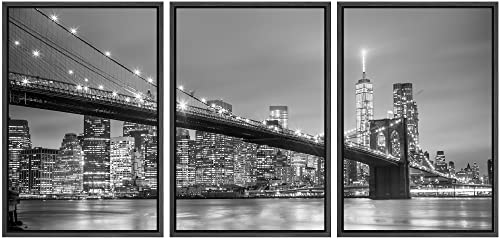 wall26 Framed Canvas Print Wall Art Set Black & White Manhattan Bridge in NYC Architecture & Maps Cityscape Photography Realism Rustic Scenic for Living Room, Bedroom, Office - 16"x24"x3 Black - color: Artwork - 05, size: 16" x 24" x 3 Panels BLACK