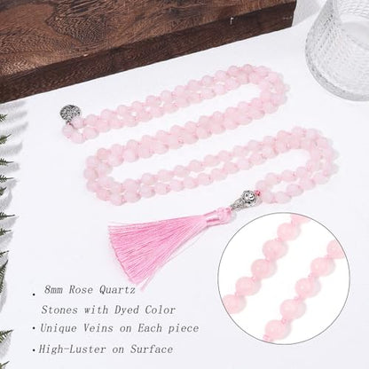 108 Mala Beads Necklace Semi-Precious Gem Stones Meditation Necklace 108 Hand Knotted Japa Mala Beaded Tassel Necklace with Tree of Life Pendant - color: Rose Quartz