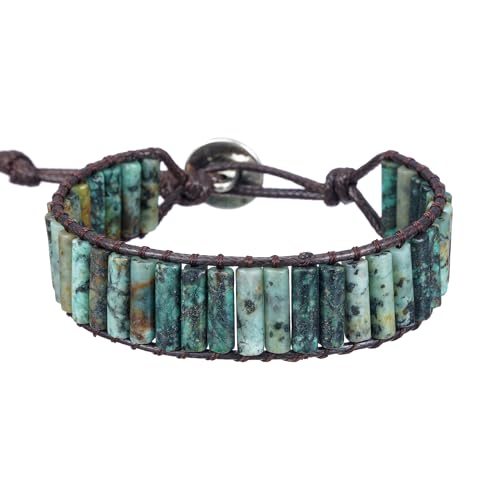 Women Boho Handmade Natural Stone Crystal Leather Bead Wrap Bracelets Collection - style: African Turquoise 1W