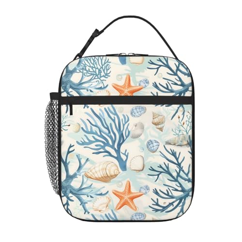 Coral Starfish Nautical Insulated Lunch Bag Reusable Lunch Box Cooler Lunch Tote Bag With Front Pocket fo Women Men Girl Boy Picnic Office Work - color: Coral Starfish Nautical02