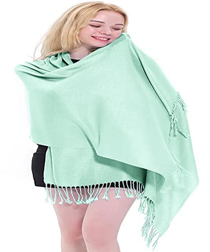 CJ Apparel Solid Color Tassels Design Nepalese Shawl Scarf Wrap Stole Throw Head Wrap Pashmina Gift Hand Made in Nepal New - color: Baby Green
