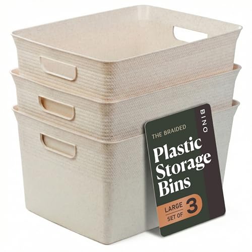 BINO | Plastic Storage Bins, 22 Liter - 3 Pack, Natural | THE BRAIDED COLLECTION | Plastic Bins for Organization | Woven Storage Baskets for Organizing | Pantry Shelf Organizer Basket Container Bin - color: Natural, size: 22L | 3-Pack