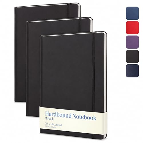 WORLD TRAVELER Lined Journal Notebook - 3 Pack 10x7 Hard Bound Hard Cover Journaling Notebooks for Women and Men for Daily Diary Planning, 7X10 Black 3Pk