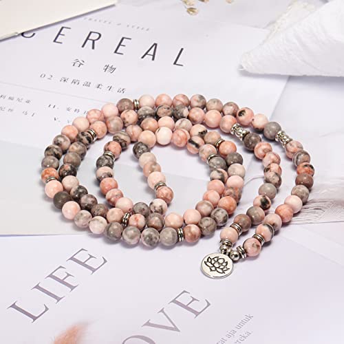 8mm 108 Mala Beads Wrap Bracelet Necklace for Yoga Charm Bracelet Natural Gemstone Jewelry for Women Men - color: Pink Zebra stone