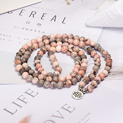 8mm 108 Mala Beads Wrap Bracelet Necklace for Yoga Charm Bracelet Natural Gemstone Jewelry for Women Men - color: Pink Zebra stone
