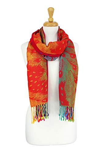 PASKMLNA Double Side Multi Colors Silky Tropical Colorful Exotic Pashmina Wrap Shawl Scarf Rave - color: 050-red Multi Feathers