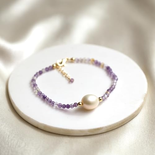 Gempires Handmade Beaded Crystal Bracelets with Freshwater Pearl Gemstone Jewelry Hypoallergenic 7.5 Inch Gold Plated Everyday Wear Bracelet Gifts