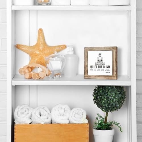 Yoga Room Meditation Room Decor, Quiet The Mind And The Soul Will Speak Sign, Zen Decoration for Home Tabletop, Motivational Decor, Farmhouse Meditation Wooden Plaque 5.9 x 5.9 Inches