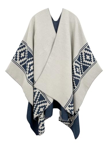 Women's Elegant Shawl Wraps, Soft Open Front Poncho Cape, Reversible Casual Cardigan Shawls for Gift Travel - color: Bronze Blue-white