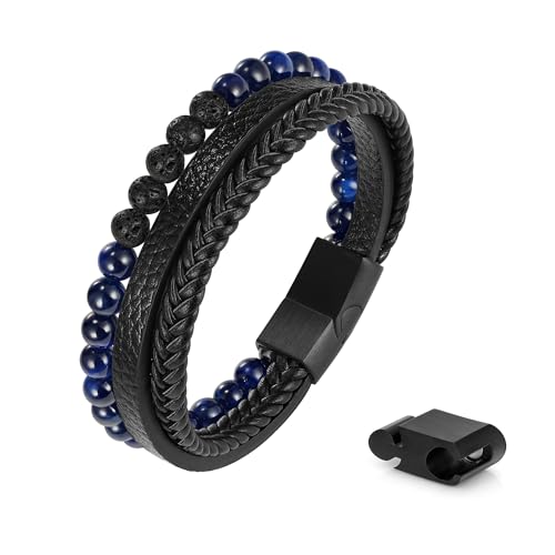 Leather Bead Bracelets for Men, Natural Tiger Eye Lava Rock Stone Bead Magnetic Clasp Adjustable Leather Bracelets Stress Relief Mens Anxiety Bracelet Mens Jewelry Gifts - style: Black Leather-Blue Tiger Eye&Lava Rock