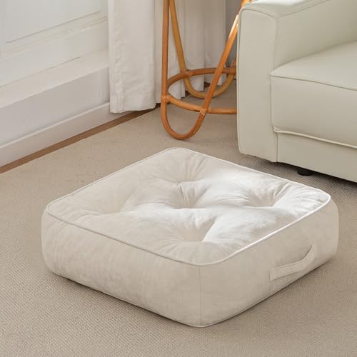 HIGOGOGO 6" Extra Thick Floor Pillow Cushion for Adults, Meditation Cushion Pillow with Handle, Lustrous Chenille Tufted, Square Floor Sitting for Tatami Living Room or Yoga, 22x22 Inch, Beige
