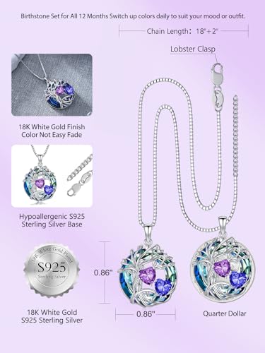 TOUPOP s925 Sterling Silver Family Celtic Tree of Life Pendant Necklaces with 2 Heart Birthstone with Blue Austrian Crystal Jewelry Birthday Valentines Day Gifts for Her, Anniversary Christmas Gifts for Wife Girlfriend Mom (18K Real White Gold Filled) - c