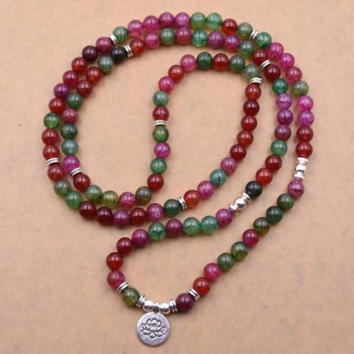 108 Mala Beads Bracelet Necklace - Gemstone Prayer Beads with Lotus Charm for Meditation & Yoga - style: Rainbow Tourmaline