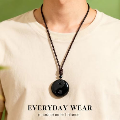 Black Obsidian Yin Yang Necklace for Men Women, Tai Chi Pendant Obsidian Balance Necklace for Releasing Negativity, Talisman Spiritual Healing Jewelry for Protection Amulet - color: Black-1