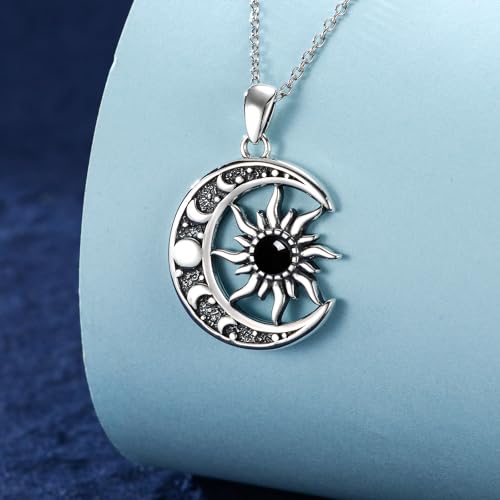 Sun and Moon Necklace 925 Sterling Silver Sun Moon Pendant Gemstone Jewelry Gifts for Women - style: Black Onyx