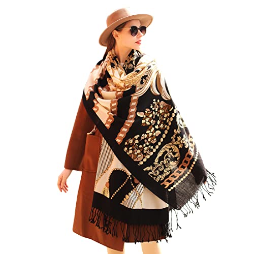 100% Merino Wool Pashmina Shawl for Women 96"x43", Oversized Cashmere Wrap with Tassels, Floral Travel Blanket Cape - color: Black & Camel Chain