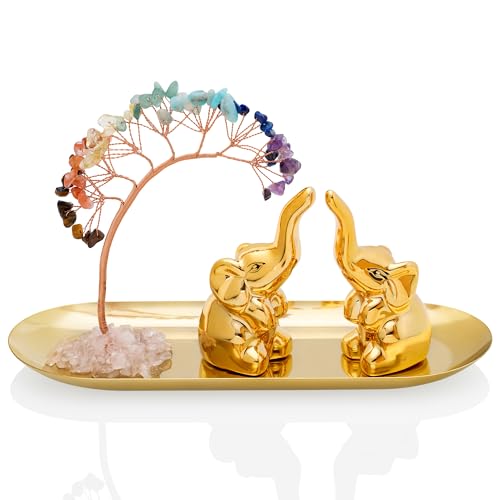 ZenBless 7 Chakra Healing Crystal Tree Ceramic A Pair Elephant Decor Elephant Gifts for Women, Elephants Statues Home Decor, Yoga Meditation Zen Spiritual Room Home Shelf Decor Feng Shui Good Luck - color: 2 Gold Elephants + 7 Chakra Tree + Gold Tray