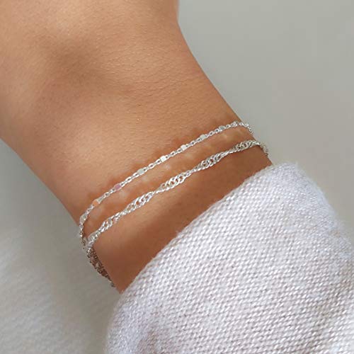 Double Stranded Sterling Silver Bracelet for Women, Dainty Waterproof Chain Bracelet for Women, Teen (Twirl & Satellite Chains)