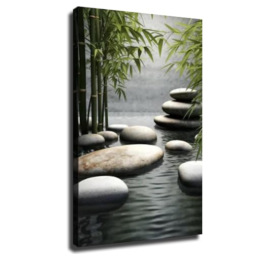 Zen Garden Wall Art With Bamboo And Stones - Tranquil Water Scene Poster Aesthetic Canvas Wall Art Modern Decor Poster for Living Room, Office, Bedroom Home Posters (20×30inch Framed) - size: 20×30inch Framed