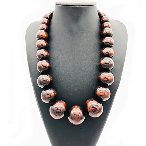 COLORFUL BLING Ethnic Natural Wood Beads Necklace for Men Women Africa Wooden Chain Chunky Strand Necklace Statement Hip Hop Jewelry - color: short dark