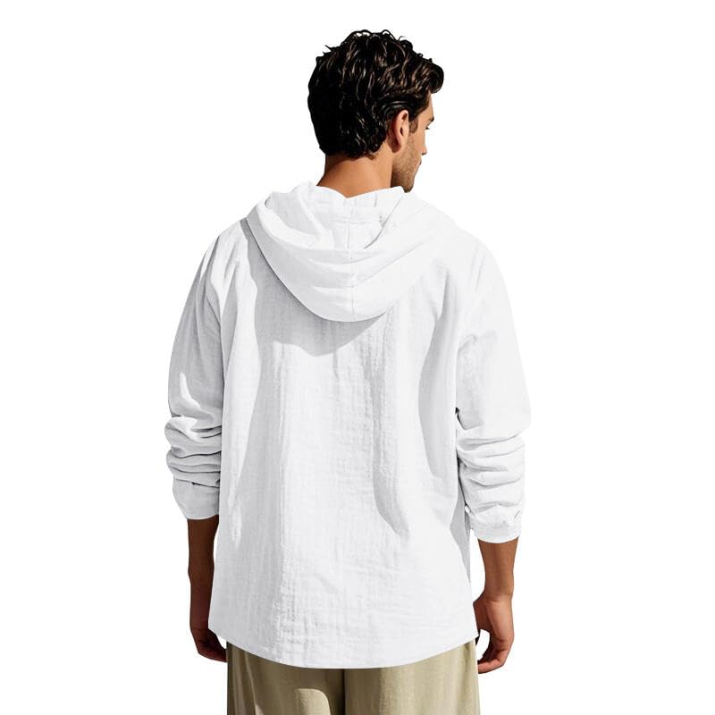 Men's Linen Hoodie Lightweight Hawaiian Shirt Casual Beach Shirt with Pockets - color: White