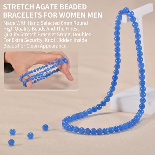 14in Agate Wrap Bracelet for Women Men Natural Round Beaded Agates Stone Healing Stretch Bracelets Elastic Handmade Polished Gemstone Beads Bracelet - color: Blue Agate, size: 6mm Beads