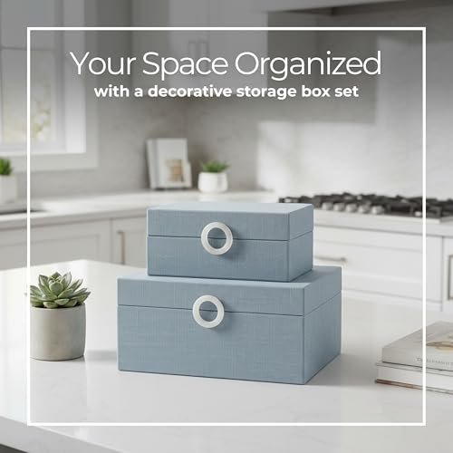 Sagebrook Home Set of 2 Decorative Storage Boxes with Lids - Fabric Covered MDF & Wood, Acrylic Handles - Home & Office Organizer - 9" & 7" Blue